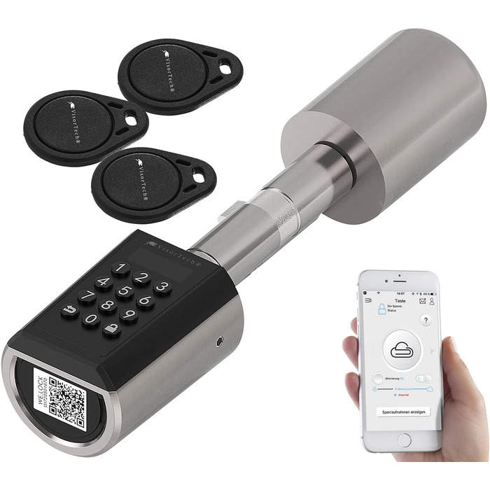 VisorTech електронний дверний циліндр-замок із Bluetooth, додатком та IP65, смарт-ключ, транспондер