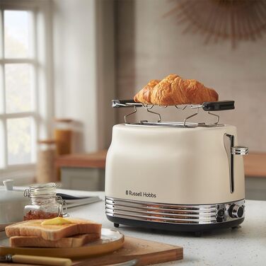 Тостер Russell Hobbs Hanley Crème-Weiß на 2 тости, 6 режимів, розморожування, підігрів, підставка для булочок