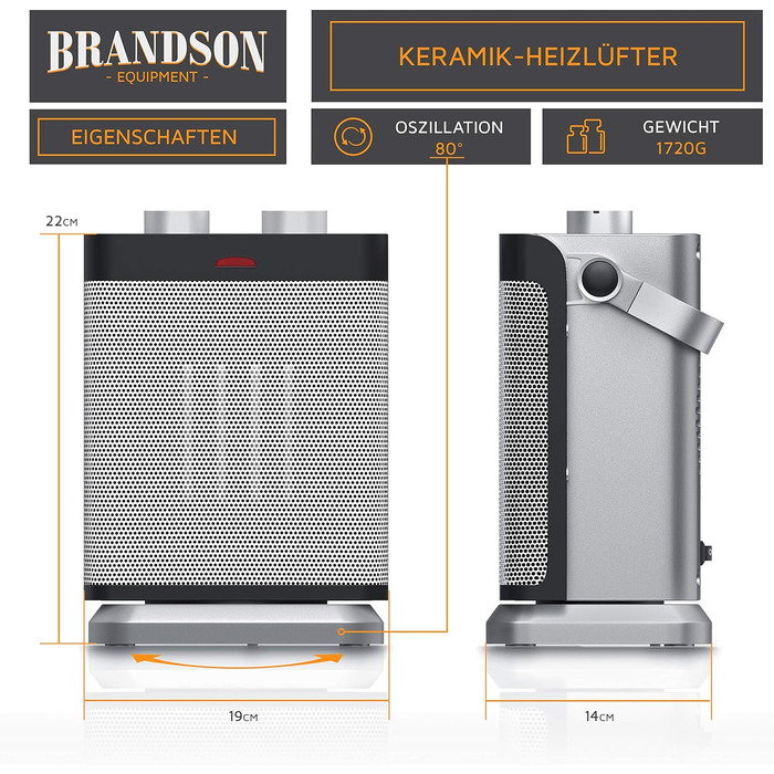 Обігрівач Brandson 1800 Вт для 30 м², 2 режими, вентилятор, регульований термостат, захист, ручка