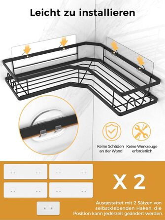 Кутова полиця для ванної ZXK CO, 5 шт, без свердління, чорна, з гачками, антикорозійна, для душу, ванної та кухні, висока вантажопідйомність