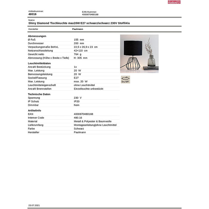 Настільна лампа Pauleen Shiny Diamond 20Вт, E27, чорна, метал/тканина, без лампочки