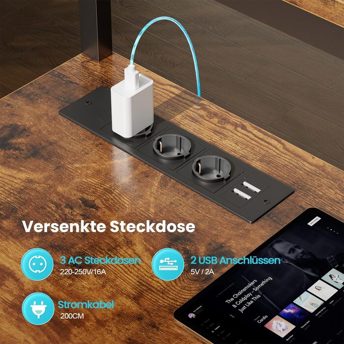 Ігровий стіл кутовий 150 x 100 см з 3 розетками та 1 USB, реверсивний, з LED-підсвічуванням, з ящиками та підставкою для монітора, для геймінгу, офісу, коричневий