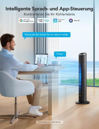 GoveeLife Розумний вежний вентилятор з Wi-Fi та Bluetooth, 75° осциляція, 8 швидкостей, 5 режимів, таймер на 24 год