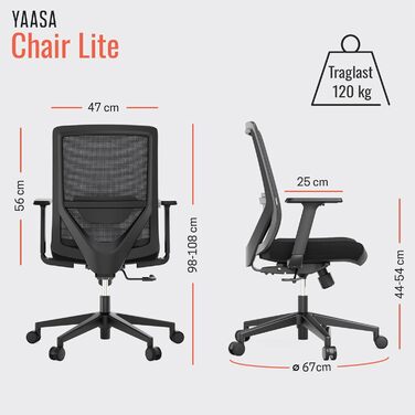 Крісло Yaasa Chair Lite: ергономічне офісне крісло з підтримкою попереку та регульованим опором спинки. Підходить для дому та офісу, витримує до 120 кг. Чорний колір.