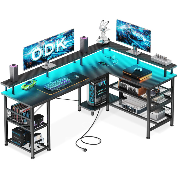Ігровий кутовий стіл ODK з LED-підсвіткою та USB-портом, 168×120 см, чорний вугіль (карбон)