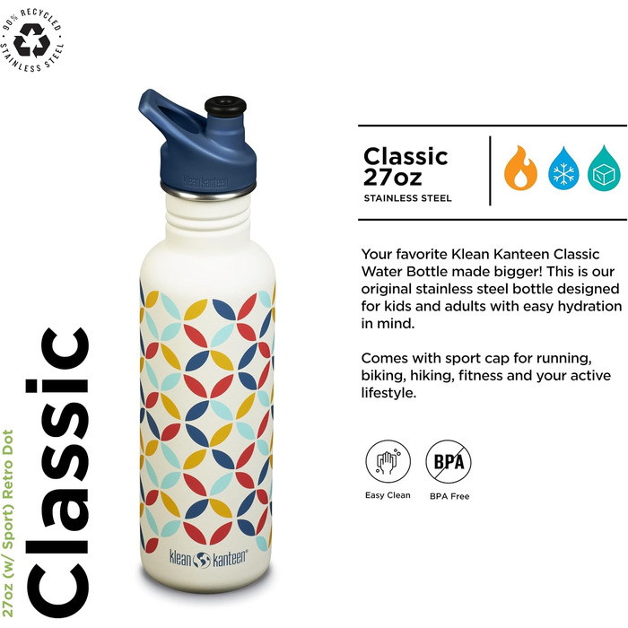 Спортивна пляшка для води Klean Kanteen Classic Retro-Punkt, сталева, 800 мл