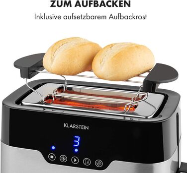 Тостер Klarstein Arabica: 920W, сенсорне керування, LED-дисплей, функції розморожування, підігріву та зупинки, піддон для хліба, крихтозбірник, котушка для кабелю, нержавіюча сталь