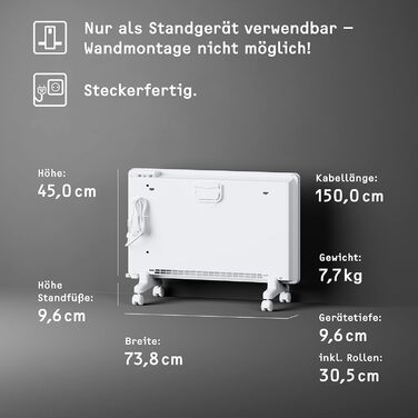 Електричний конвектор STIEBEL ELTRON 2 кВт, енергоощадний, для 25 м², з електронним керуванням, дисплеєм, колесами, білий, TÜV сертифікат