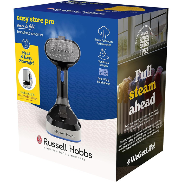 Ручний відпарювач Russell Hobbs Steam Genie Easy Store 1500Вт, складаний, для подорожей, з насадкою для тканин, 3м кабель, швидкий нагрів, модель 26740-56