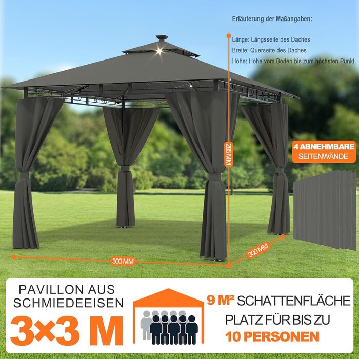 Альтанка садова Devoko 3x3 м, водонепроникна, зимова, з LED, сіра. Альтанка-пергола для вечірок 4-8 осіб, захист від UV 50+
