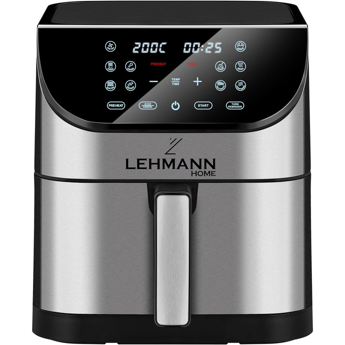 Аерофритюрниця Lehmann XXL 8 л, 1800 Вт, цифровий LED-екран, 10 програм, регулювання температури 76-200°C, таймер, приготування без олії, для здорового харчування