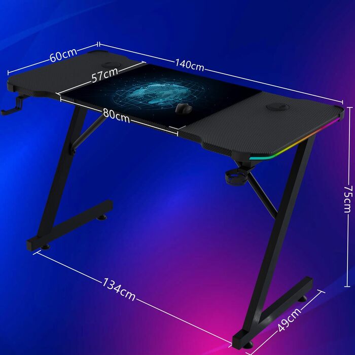 Ігровий стіл Homall 140x60 см з LED-підсвіткою, полицею для кабелів, гачком для навушників і підставкою для напоїв для геймінгу та офісу