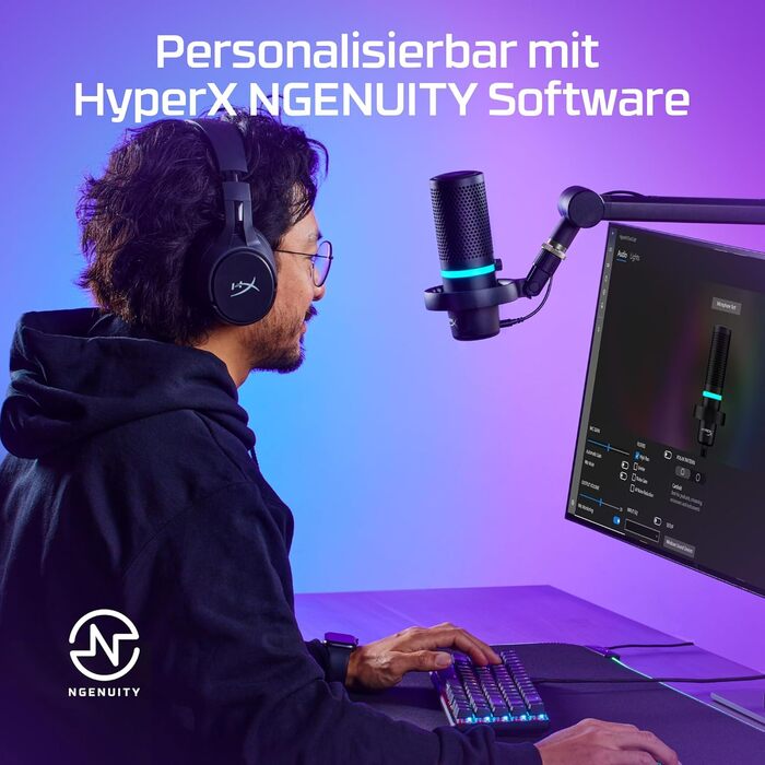 HyperX DuoCast USB конденсаторний мікрофон з RGB підсвіткою, вбудованим поп-фільтром, антивібраційним кріпленням, регулюванням підсилення, сумісний з ПК, PS5, PS4, Mac, чорний