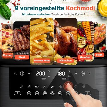 Аерофритюрниця з двома камерами та вікном перегляду 9л, Airfryer 9-в-1 з сенсорним керуванням, антипригарне покриття, для здорового приготування без олії