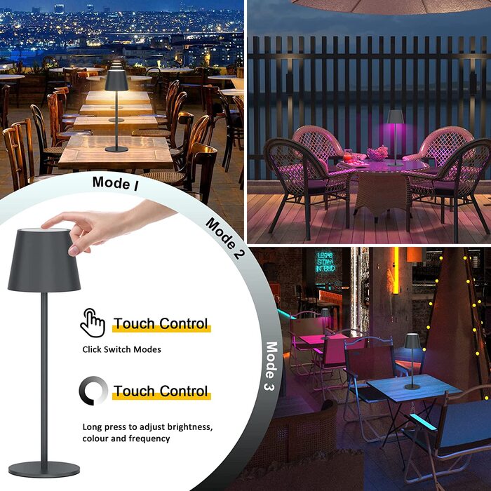 K-Bright LED акумуляторна димована настільна лампа, 2 шт, бездротова, алюміній, IP54, тепле світло 3000K+RGB, USB-C, антрацит