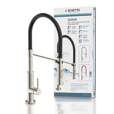 Змішувач кухонний Schütte 23138 Design з висувним шлангом Soft Touch, поворотний на 360°, нержавіюча сталь/чорний
