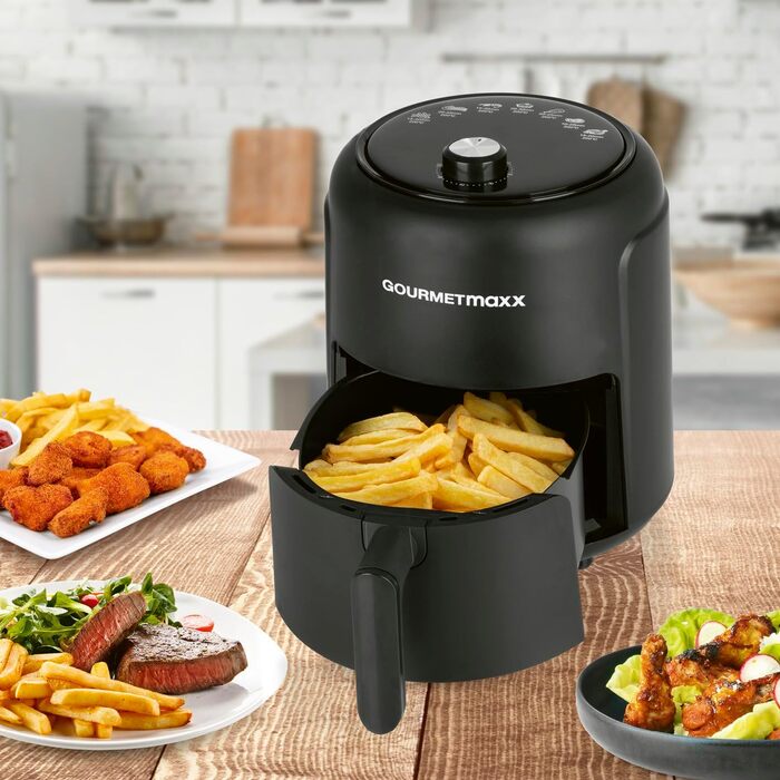 Фритюрниця з гарячим повітрям GOURMETmaxx 2,3 л, 1000 Вт, 9 програм, таймер 60 хв, енергозберігаюча, майже без олії, матова чорна