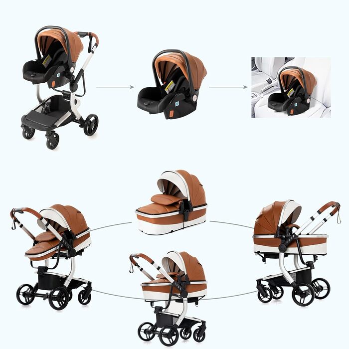 Дитяча коляска 3 в 1 PU-Leder L518 Khaki: Комфортна, багатофункціональна, з алюмінієвим шасі та комплектом (рюкзак, пеленатор)