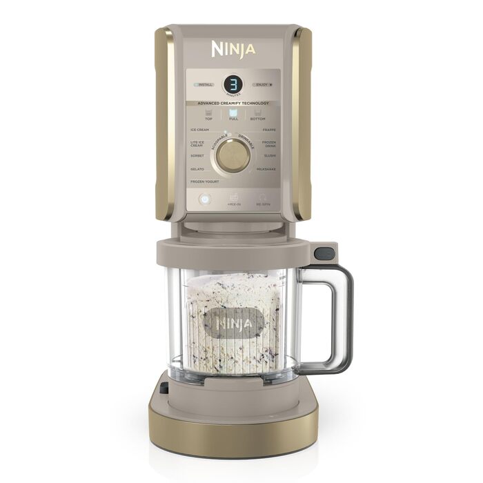 Ninja CREAMi Deluxe NC502EUSTGD – Морожениця, сорбетороб, шейкер для смузі та замороженого йогурту (2 контейнери, 10 функцій, золотий)