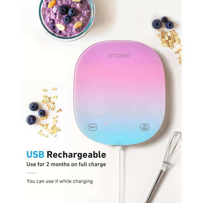 Цифрова кухонна вага Arboleaf 10 кг з додатком, підрахунком калорій, USB-зарядкою, Bluetooth, LED-дисплеєм, точність 0,5 г, із загартованого скла (кольорова)