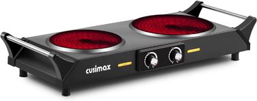 Електрична інфрачервона подвійна плита CUSIMAX 900Вт+1200Вт з терморегулятором, склокераміка, ручки для перенесення, 15см+18см, підходить для всіх типів посуду, чорна, 54x20x10см