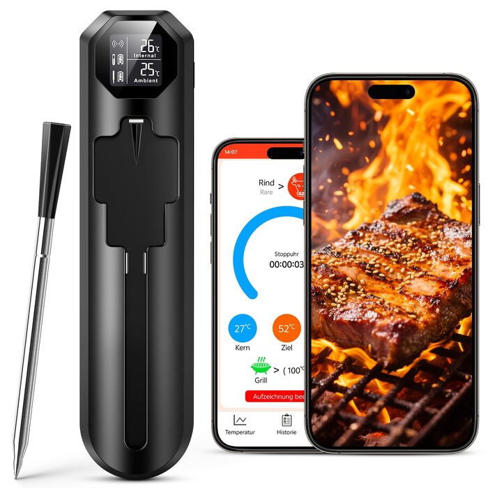 Бездротовий термометр для м'яса Maxtachі з Bluetooth, IP67, 150м, для гриля, BBQ, духовки, коптильні, ротисерії, чорний