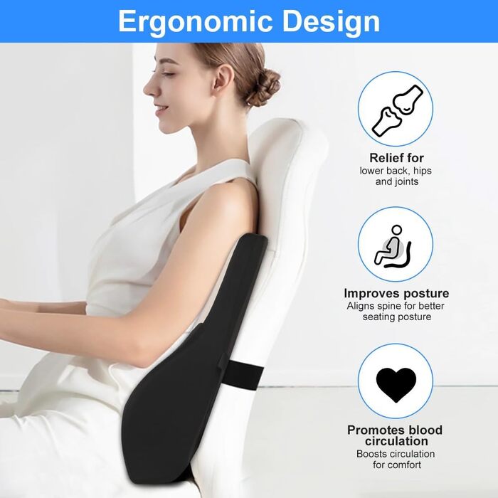 Подушка для спини з піни Memory Foam Schaum: ергономічна підтримка попереку для офісного крісла, автокрісла та робочого столу, чорно-сіра