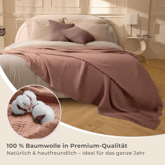 Плед LAYNENBURG Premium з мусліну, 100% бавовна, 150x200 см, мокко | Легка літня ковдра, плед для дивана, тепла софа-ковдра