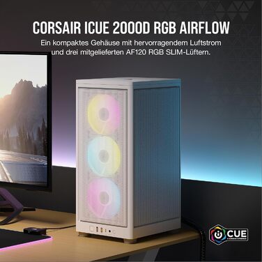 Комп'ютерний корпус Corsair iCUE 2000D RGB Airflow Mini-ITX, білий, сталь, 3 вентилятори AF120 RGB, контролер iCUE Lighting Node Core