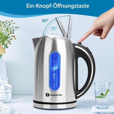 Електричний чайник Aigostar King 1,7 л, нержавіюча сталь, 2200 Вт, LED підсвітка, фільтр від накипу, захист від перегріву, BPA Free