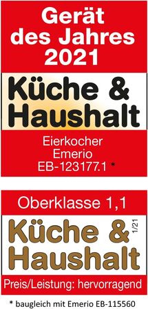 Електрична яйцеварка Emerio EB-115560, 3 рівні приготування, голосове повідомлення, інноваційний дизайн, біла, модель 2022, для яєць будь-якої консистенції (німецька мова)