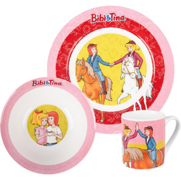 Дитячий посуд Bibi & Tina: комплект з 3 предметів (тарілка, чашка, миска), рожево-червоний, порцеляна, 19/220/330 мл