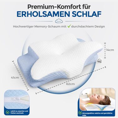 Ортопедична подушка для шиї та голови Premium Memory Foam у формі метелика, ергономічна подушка з ефектом пам'яті для сну на боці та спині, зі знімним чохлом (Sky Breeze Blue)