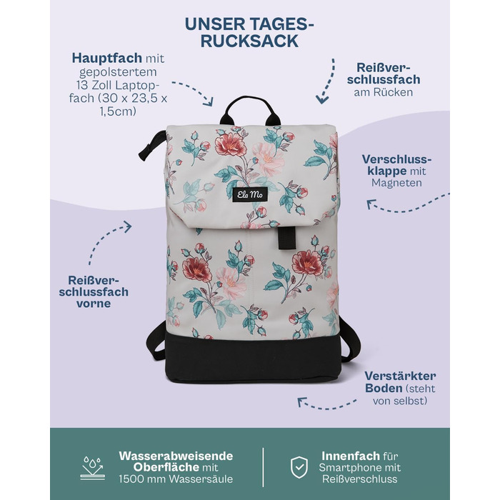Жіночий рюкзак Ela Mo Daypack для ноутбука — протикрадіжний міський рюкзак для навчання, офісу та бізнесу (Roses For You)