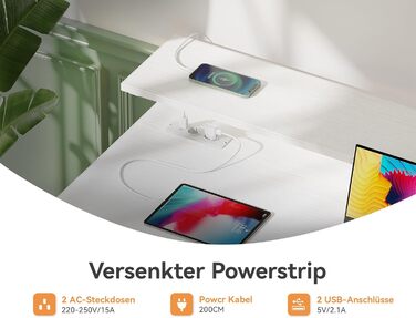Письмовий стіл ODK з 4 шухлядами, розетками та USB, комп'ютерний стіл з полицею та висувною полицею для клавіатури, для офісу і вітальні, білий, 140x52x92 см