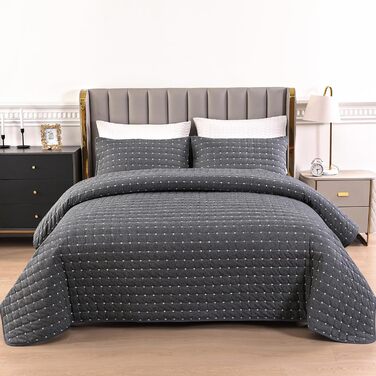 Покривало Qucover 220x240 см темно-сіре, бавовна, ультра м'яке, з вишивкою, стьобане, з 2 наволочками 50x75 см, на ліжко або диван