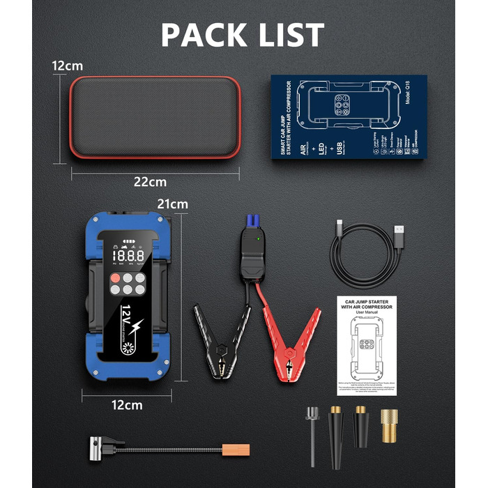 Портативний пусковий пристрій Starthilfe Powerbank з компресором 150PSI, 4000A, 12V для автомобілів та 8.0L дизель, 26800mAh, 4-в-1 з LED-ліхтариком та LCD дисплеєм