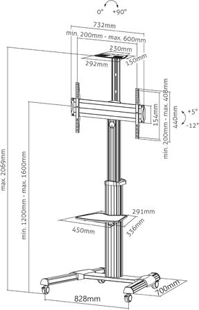 Підставка для телевізора Conecto TV Stand – регульована, поворотна, з роликами, 37-70 дюймів, модель LM-FS02G, срібна