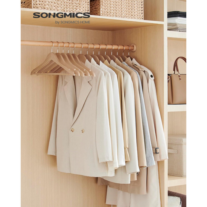 В'язки для одягу SONGMICS, 48 шт. з дерева, для сорочок, жакеток, пальто, з перегородкою для штанів, 360° обертовий гачок, набір, колір: натуральний бежевий CRW010N48