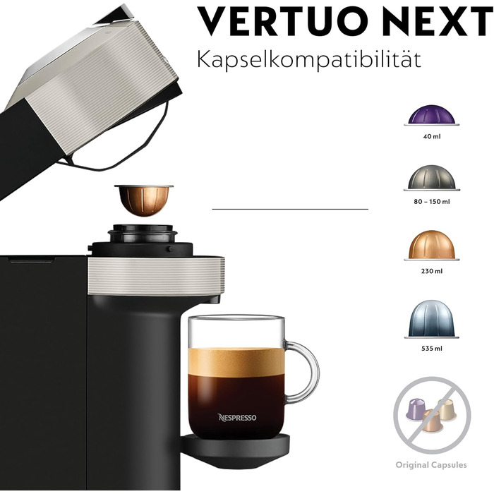 Nespresso Krups XN910B Vertuo Next: Кавомашина капсульна, 1.1л, розпізнавання капсул, 6 розмірів, сірий
