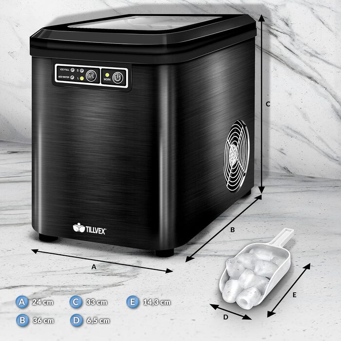 Льодогенератор tillvex з нержавіючої сталі, 12 кг/24 год, 2,2 л резервуар, LED-дисплей, функція самоочищення, 2 розміри кубиків льоду, чорний