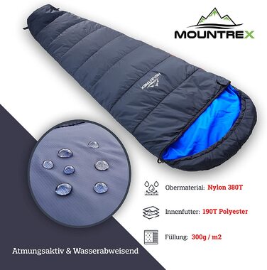Спальний мішок MOUNTREX мумія 3 сезони, ультралегкий, 1500г, компактний, для кемпінгу та подорожей, синій, лівий замок