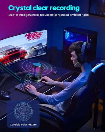 Мікрофон ігровий COCONISE RGB для ПК, стримінгу, подкасту, студії. USB мікрофон з 3.5 мм роз'ємом, регулюванням гучності та виносним кріпленням
