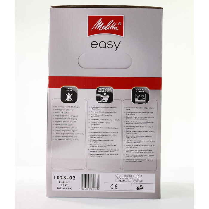 Кавоварка Melitta Easy з знімним поворотним фільтром, скляною колбою та системою захисту від крапель, на 10 чашок, чорна