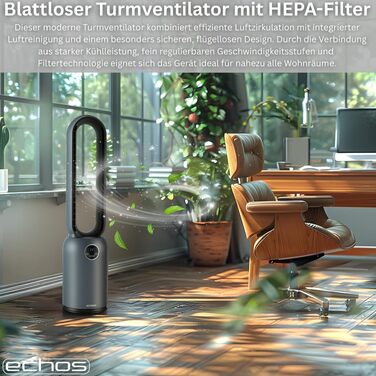 Вентилятор підлоговий Echos Turmventilator з пультом, HEPA-фільтром, таймером 24 год, тихий, енергоефективний