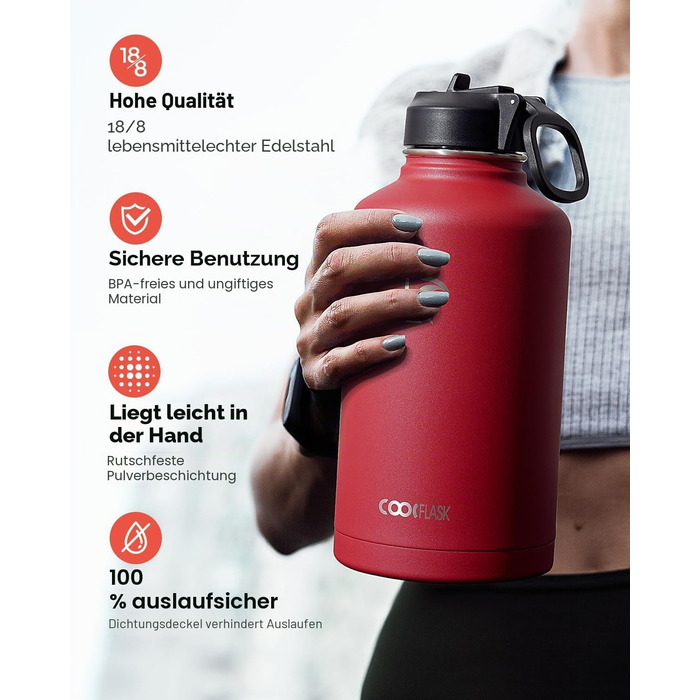 Термофляга Coolflask 2л зі сталі з трубою та 3 кришками, ізольована пляшка для води для спорту та офісу, герметична, червона