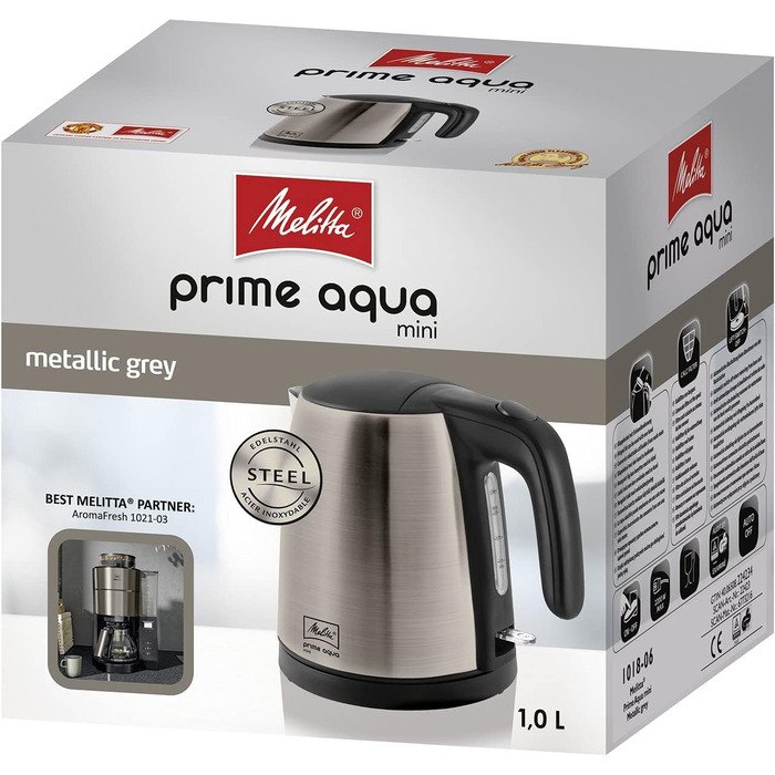 Електрочайник MELITTA Prime Aqua Mini, 1.0 л, 2200 Вт, нержавіюча сталь, металевий сірий
