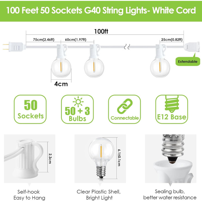 Гірлянда LED Mlambert для вулиці 30м, димована, водонепроникна, G40, 53 лампи 2700K, білий кабель