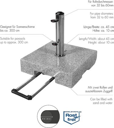 Підставка для парасольки Doppler Granitsockel з роликами, 45 кг, для парасольки діаметром до 250 см, діаметром труби 3,2-6,0 см, з висувною ручкою
