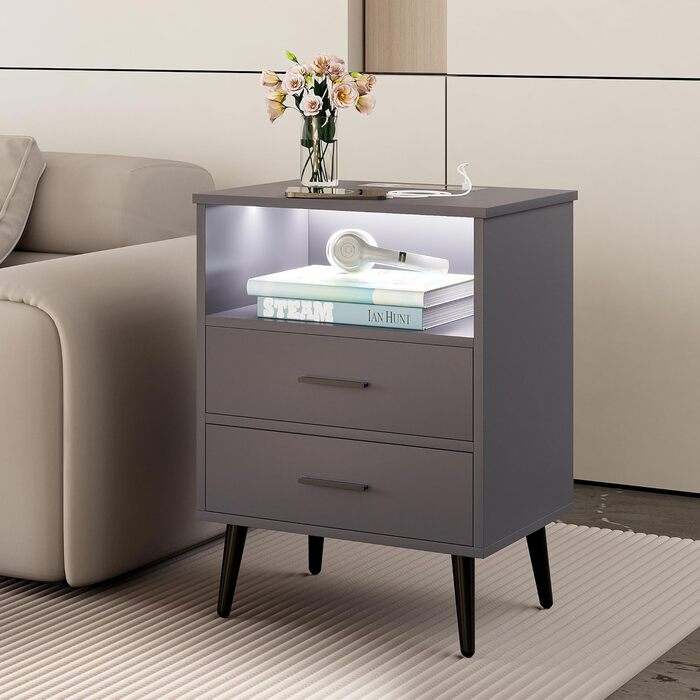 Сучасна тумба приліжкова LVSOMT з LED-підсвіткою, 2 шухляди, USB та Type-C зарядка, чорна, для спальні та вітальні